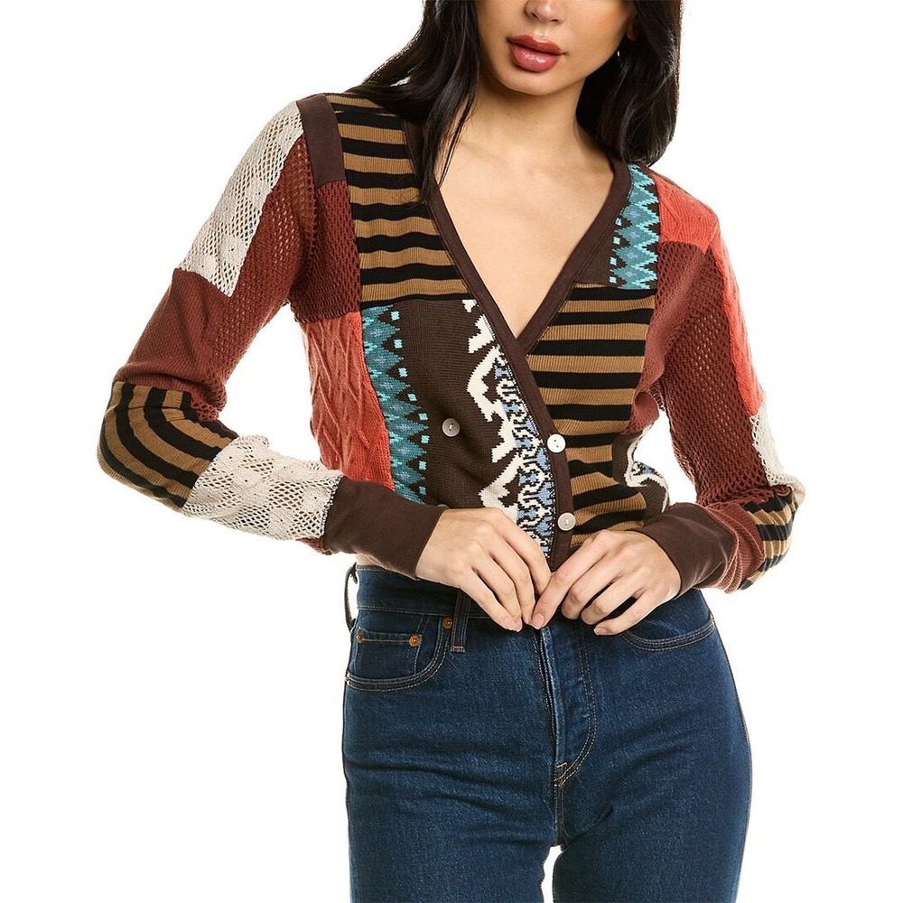 Free People Patchwork Cropped Cardigan Sweater Brown Knit Boho Women's L